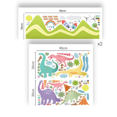 Muursticker dino's en regenboog