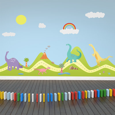 Muursticker dino's en regenboog