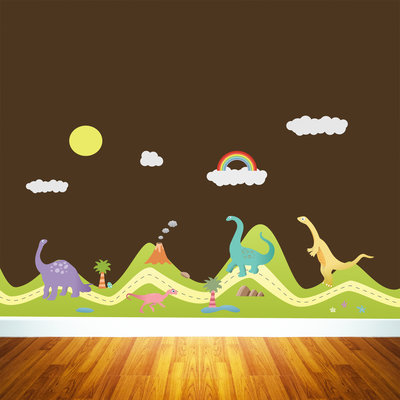 Muursticker dino's en regenboog