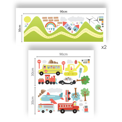 Muursticker auto's, vliegtuig, transport en regenboog