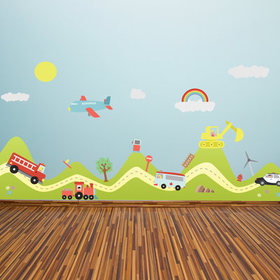Muursticker auto's, vliegtuig, transport en regenboog