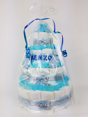 Luiertaart met naam jongen 4-laags blauw