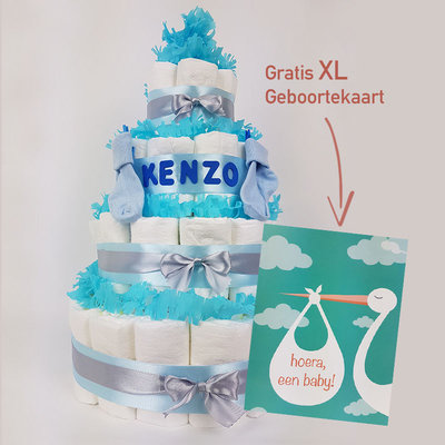 Luiertaart met naam jongen 4-laags blauw
